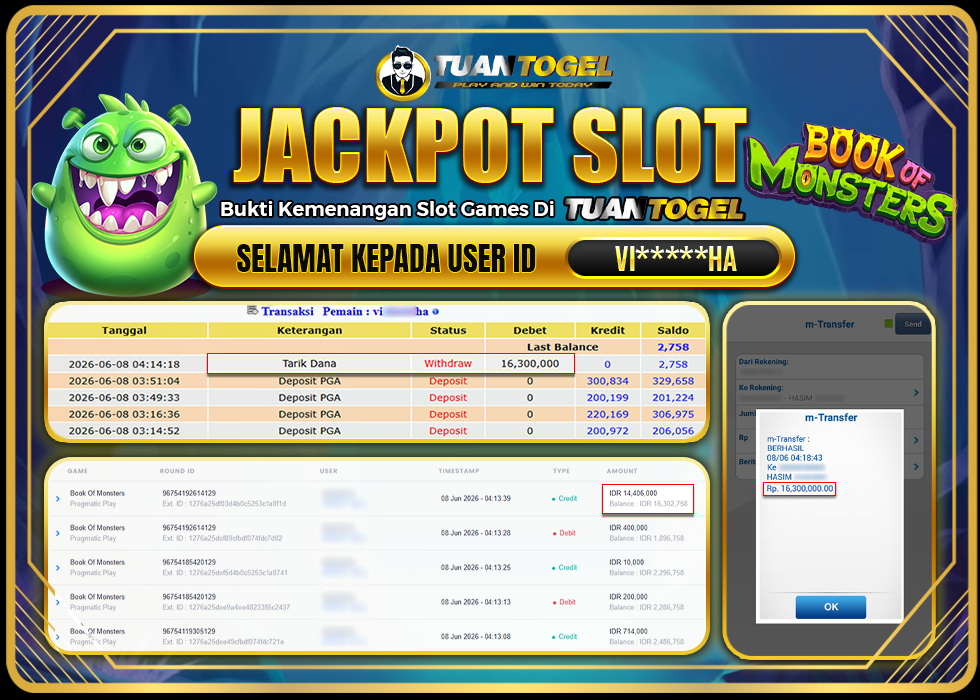 TUANTOGEL JACKPOT SLOT BOOK OF MONSTERS Rp16.300.000,- LUNAS